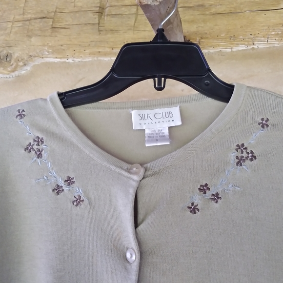Silk Club Light Olive Silk & Cotton Cardigan Size Small - Picture 2 of 6